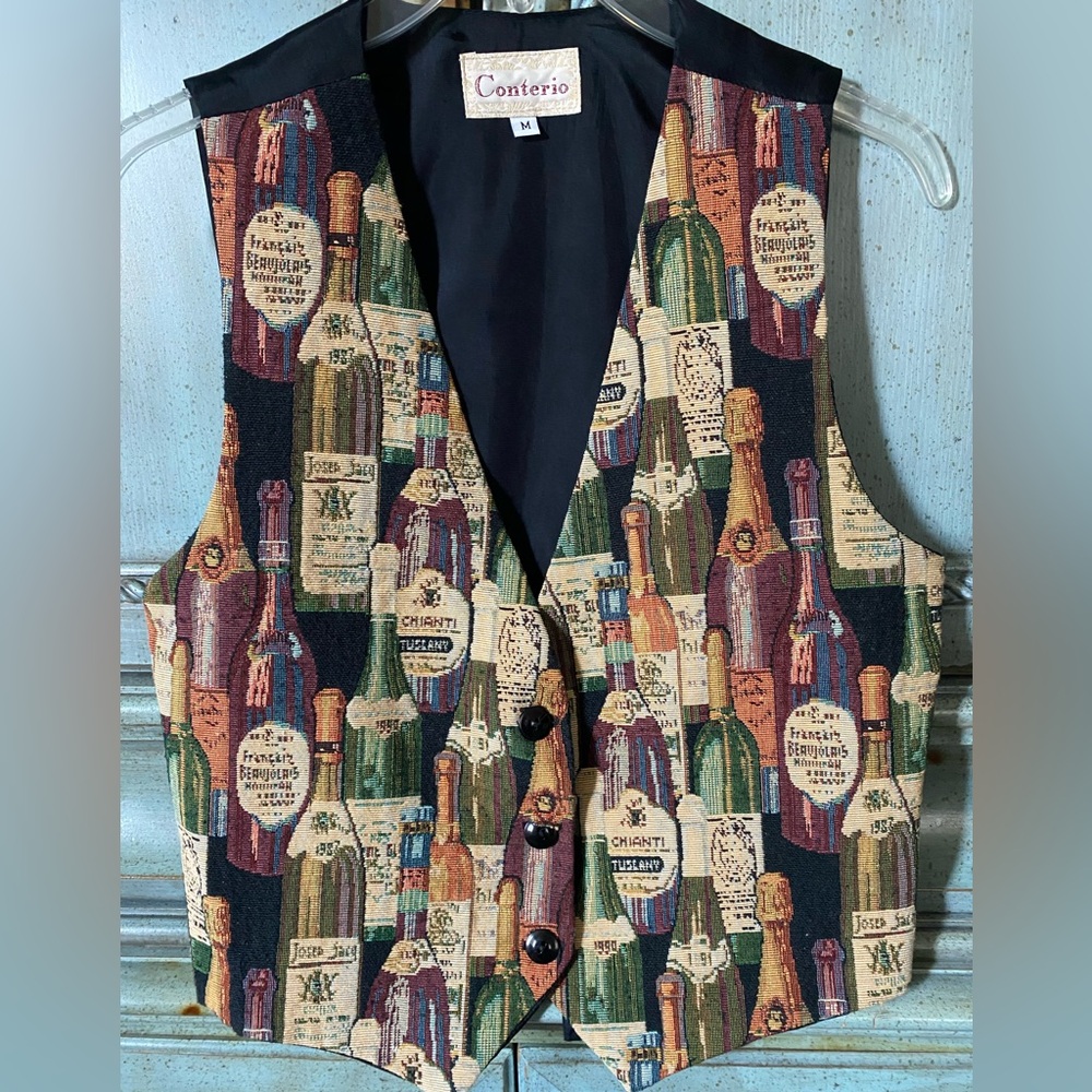 Wine Bottle Patterned Vest with Fermented Red and Green Tones.